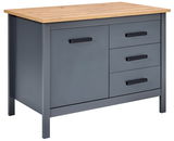 Kücheninsel mit grauem Korpus und Holzarbeitsplatte, seitliche Perspektive