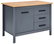 Kücheninsel mit grauem Korpus und Holzarbeitsplatte, seitliche Perspektive