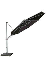 Seitliche Ansicht eines schwarzen Pendelschirms mit stabilem Metallgestell und quadratischem Standfuß.