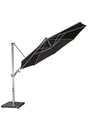 Seitliche Ansicht eines schwarzen Pendelschirms mit stabilem Metallgestell und quadratischem Standfuß.