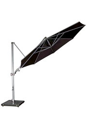 Seitliche Ansicht eines schwarzen Pendelschirms mit stabilem Metallgestell und quadratischem Standfuß.