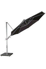 Seitliche Ansicht eines schwarzen Pendelschirms mit stabilem Metallgestell und quadratischem Standfuß.