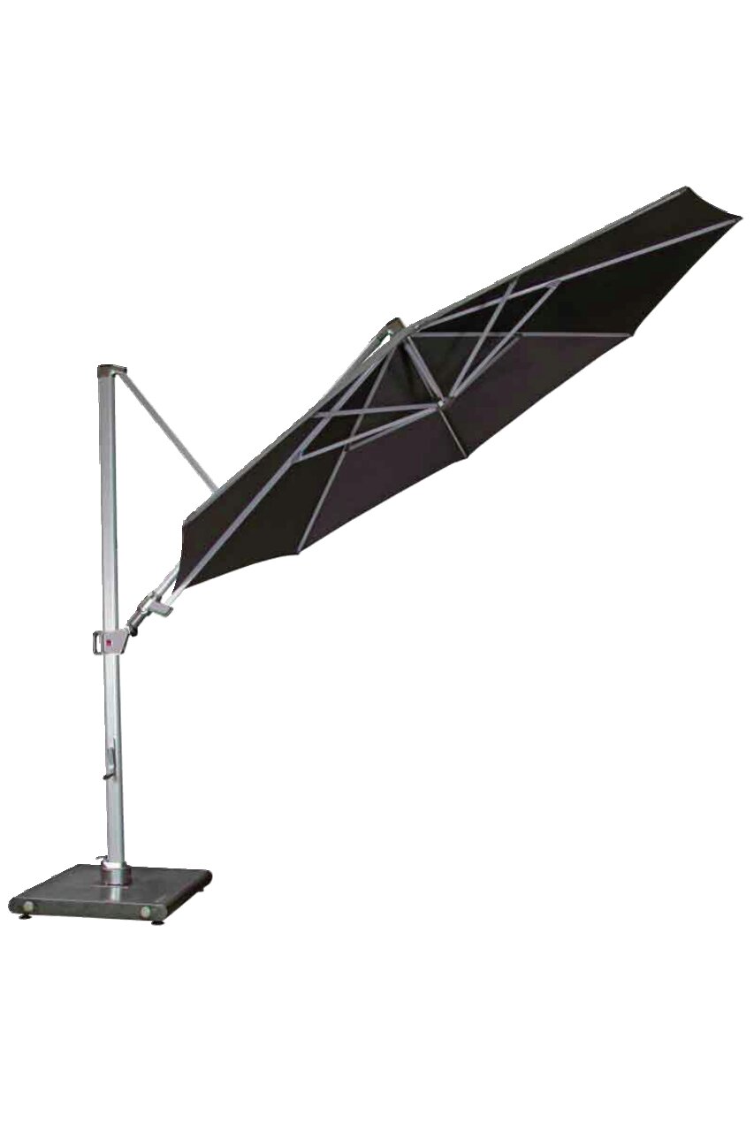 Seitliche Ansicht eines schwarzen Pendelschirms mit stabilem Metallgestell und quadratischem Standfuß.