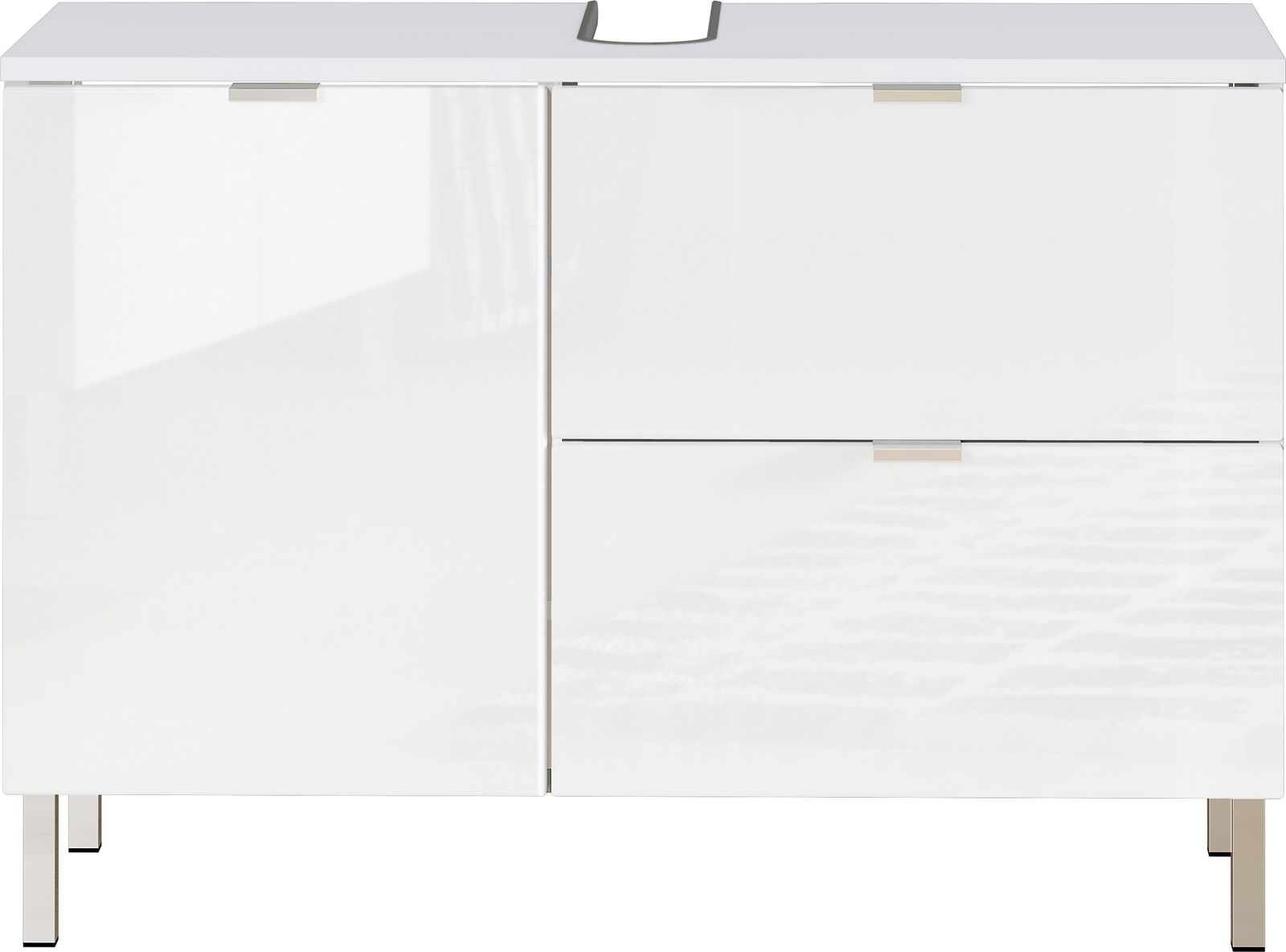 Moderner weißer Unterschrank mit zwei Türen und zwei Schubladen, frontal betrachtet.