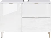 Moderner weißer Unterschrank mit zwei Türen und zwei Schubladen, frontal betrachtet.