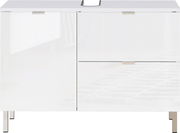Moderner weißer Unterschrank mit zwei Türen und zwei Schubladen, frontal betrachtet.