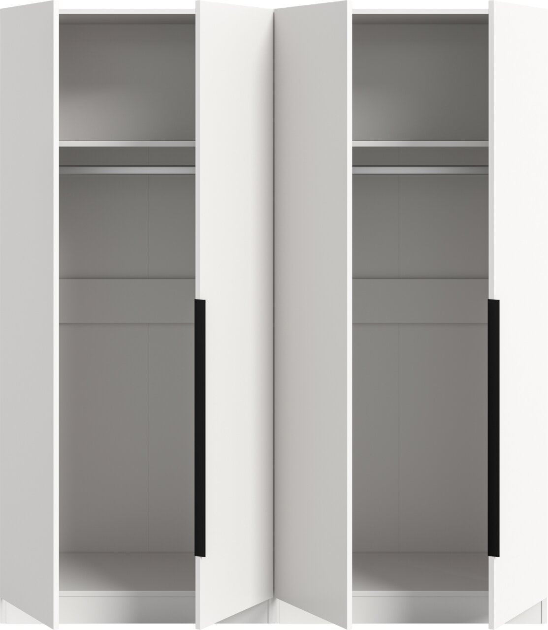 Weißer Kleiderschrank mit zwei geöffneten Türen, Innenraum mit Kleiderstange und Ablage, Frontansicht