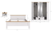 Maßzeichnung eines weißen Schlafzimmermöbel-Sets im Landhausstil mit Holzoptik-Absetzungen: Bettgestell (Frontansicht) sowie Kleiderschrank mit geöffneten Türen und Spiegeln (Frontansicht) inklusive Innenaufteilung und Maßangaben.