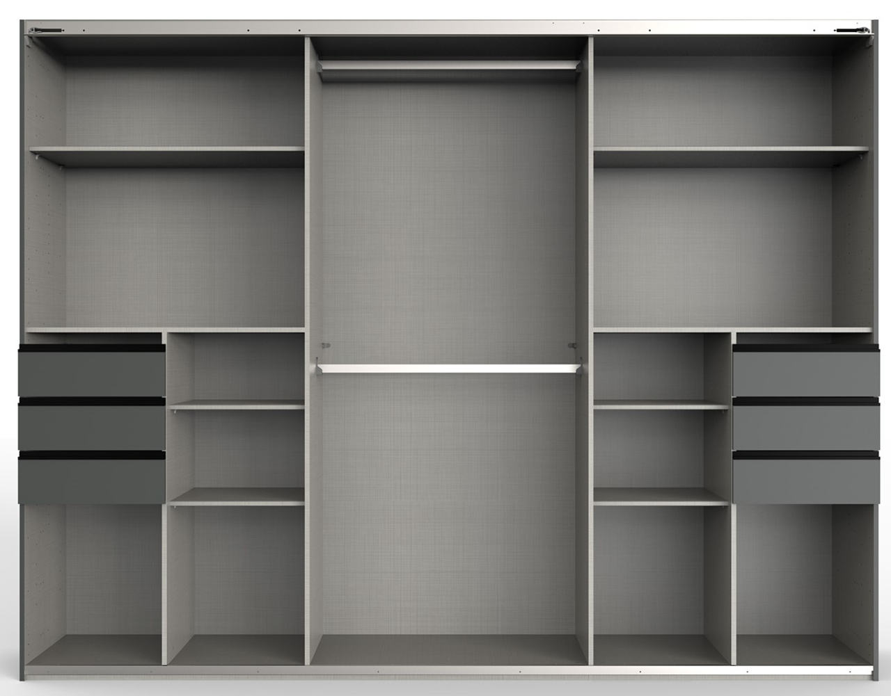 Frontale Ansicht eines dreitürigen Schwebetürenschranks mit mehreren Regalfächern und Schubladen in grauer Farbe.