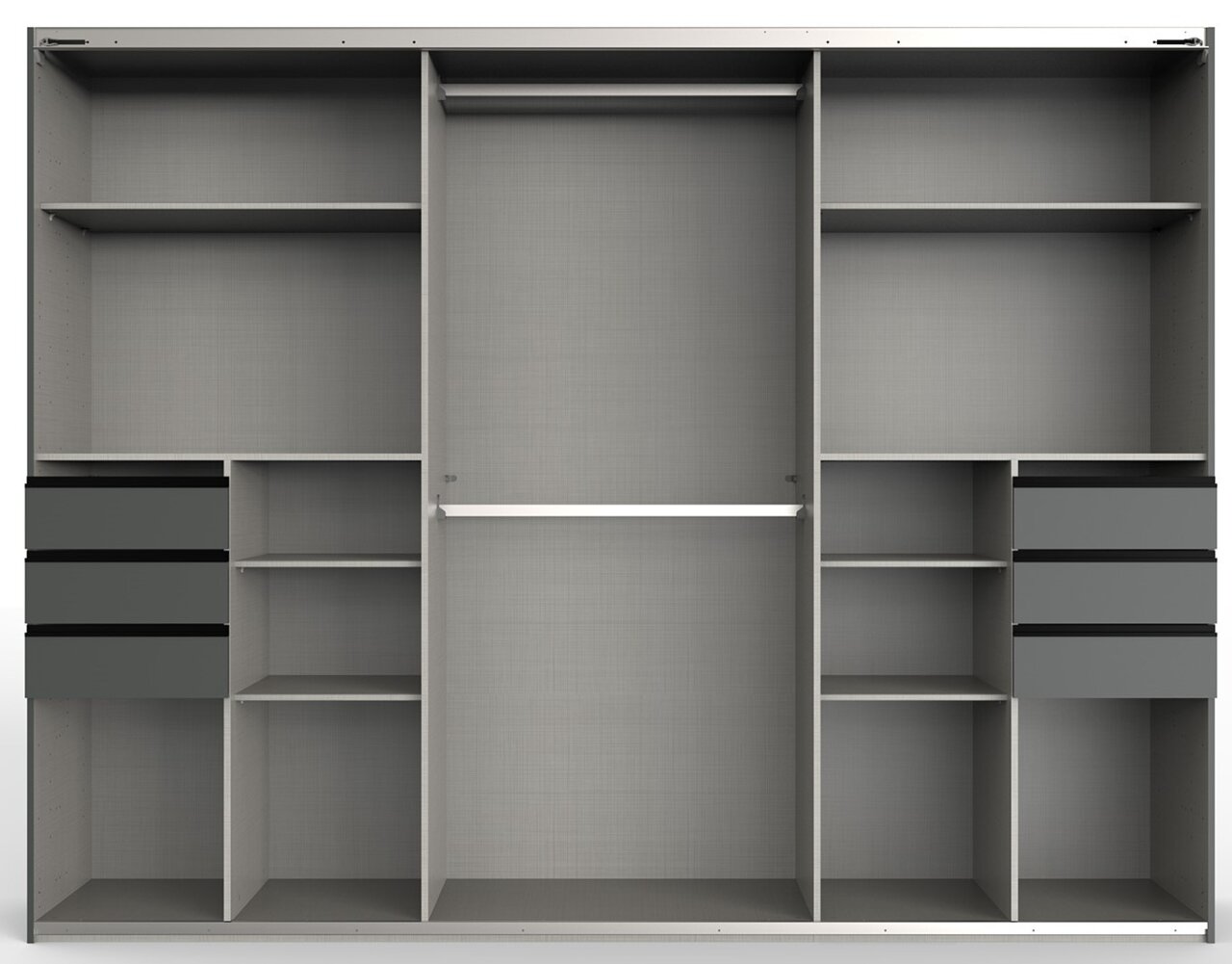 Frontale Ansicht eines dreitürigen Schwebetürenschranks mit mehreren Regalfächern und Schubladen in grauer Farbe.