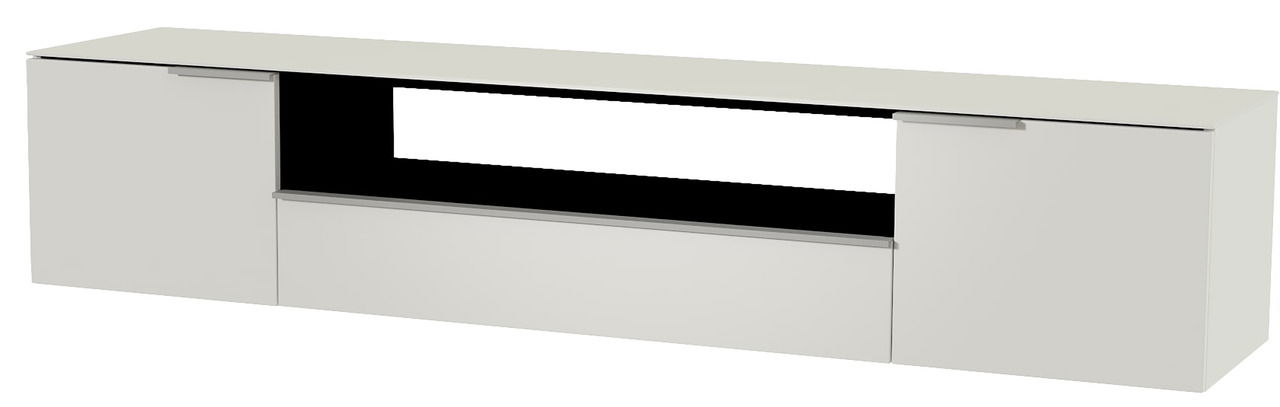 Frontansicht eines weißen XL Hänge-Lowboards mit zwei Türen und einem offenen Fach in der Mitte.