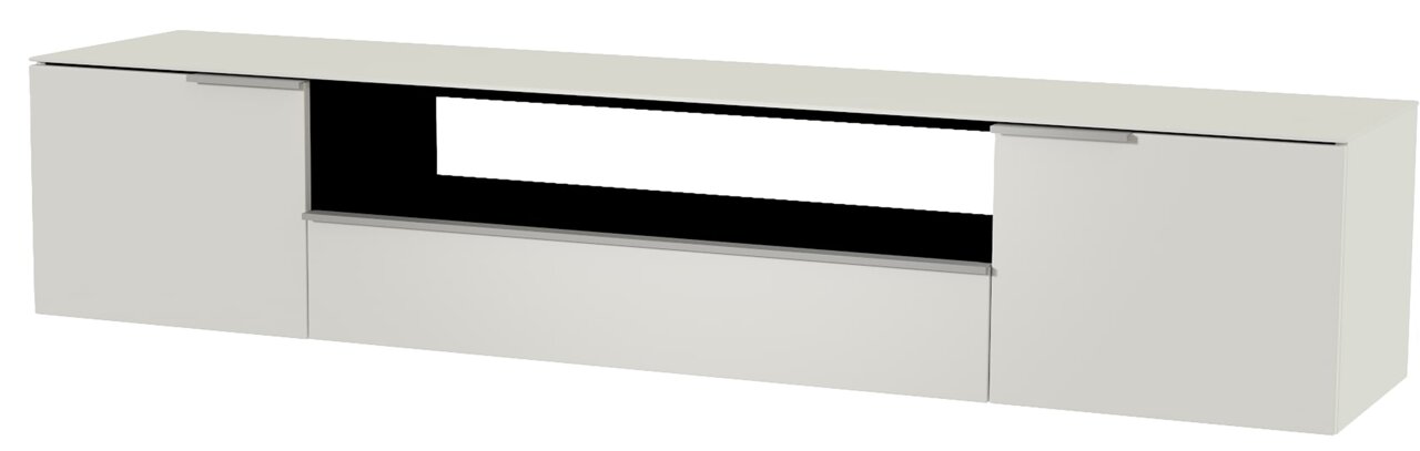 Frontansicht eines weißen XL Hänge-Lowboards mit zwei Türen und einem offenen Fach in der Mitte.