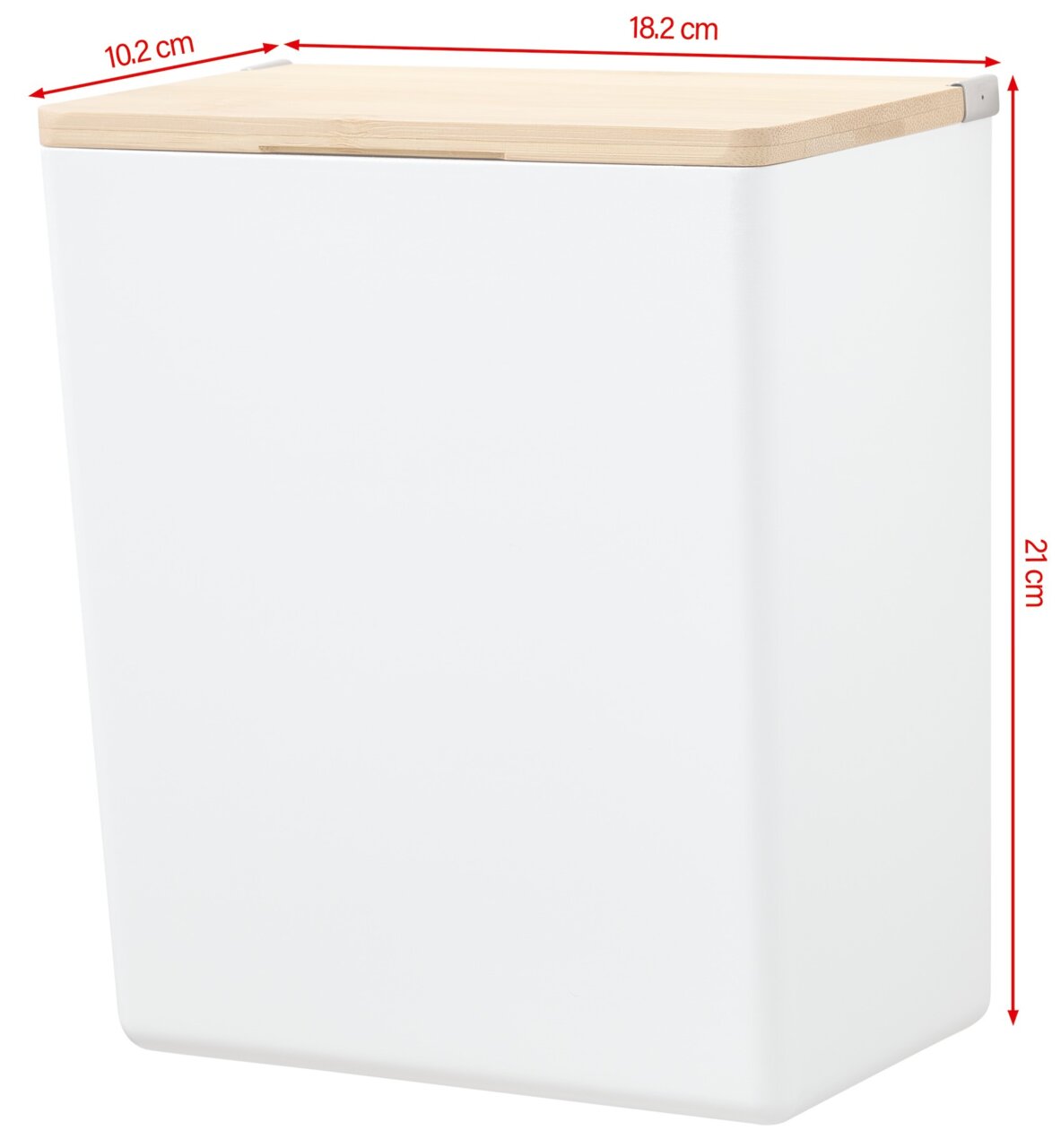 Weiße Aufbewahrungsbox mit Holzdeckel, seitliche Perspektive, Maße: 18,2 cm Breite, 10,2 cm Tiefe, 21 cm Höhe
