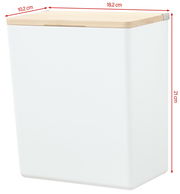 Weiße Aufbewahrungsbox mit Holzdeckel, seitliche Perspektive, Maße: 18,2 cm Breite, 10,2 cm Tiefe, 21 cm Höhe