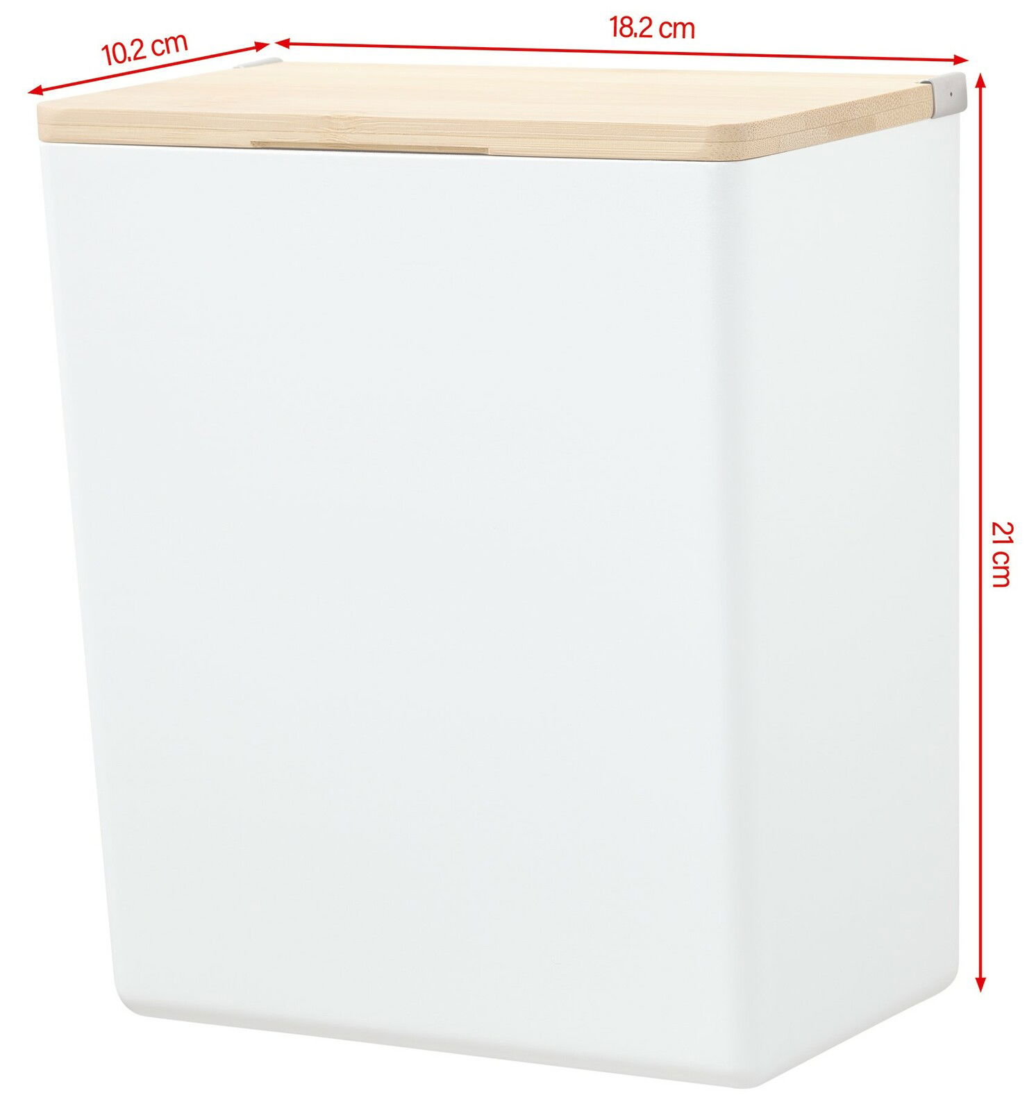 Weiße Aufbewahrungsbox mit Holzdeckel, seitliche Perspektive, Maße: 18,2 cm Breite, 10,2 cm Tiefe, 21 cm Höhe