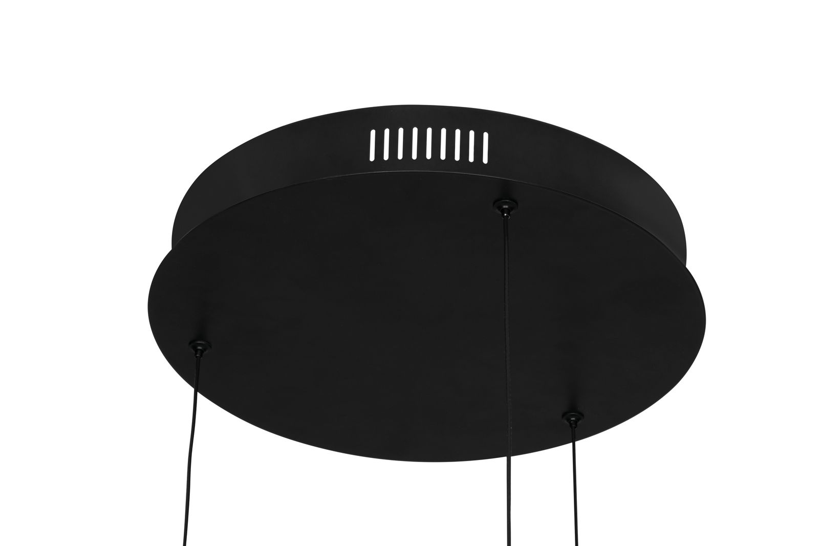 Schwarze LED-Hängeleuchte von unten betrachtet mit runder Deckenhalterung und drei Kabeln.
