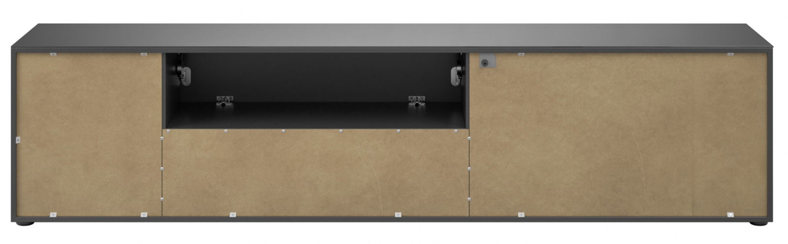 Frontansicht eines XL-TV-Lowboards mit schwarzer Oberseite und braunen Türen, mittleres Fach offen.