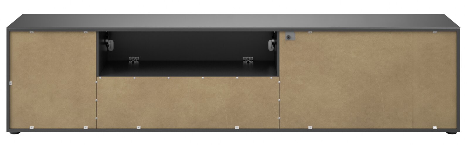 Frontansicht eines XL-TV-Lowboards mit schwarzer Oberseite und braunen Türen, mittleres Fach offen.