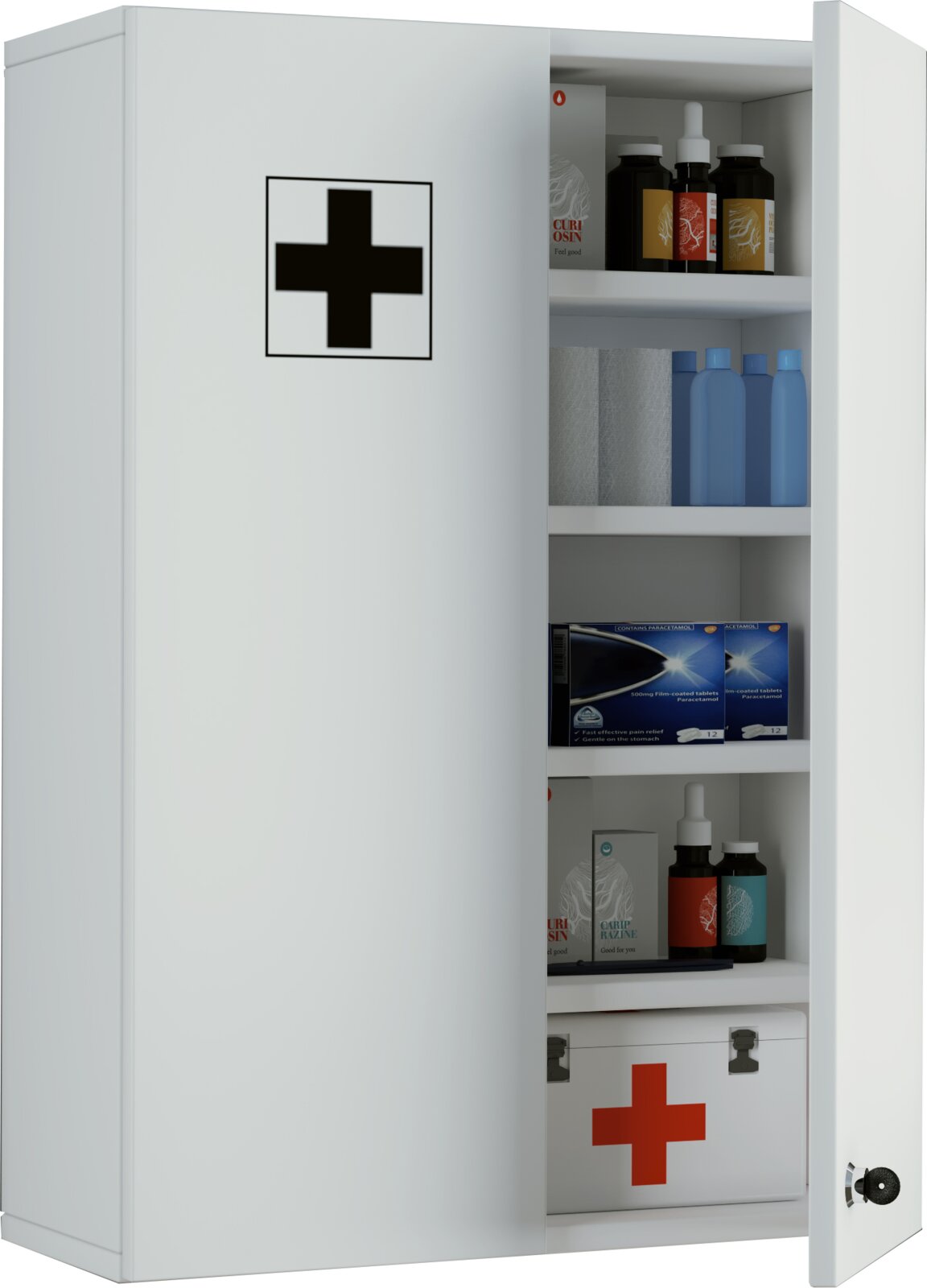Weißer Medizinschrank/Erste-Hilfe-Schrank mit schwarzem Kreuz, geöffnete Tür und sichtbaren Regalböden mit Flaschen, Verbandsmaterial und Medikamentenschachteln; Perspektive: frontale Ansicht mit leichtem Blick von links.