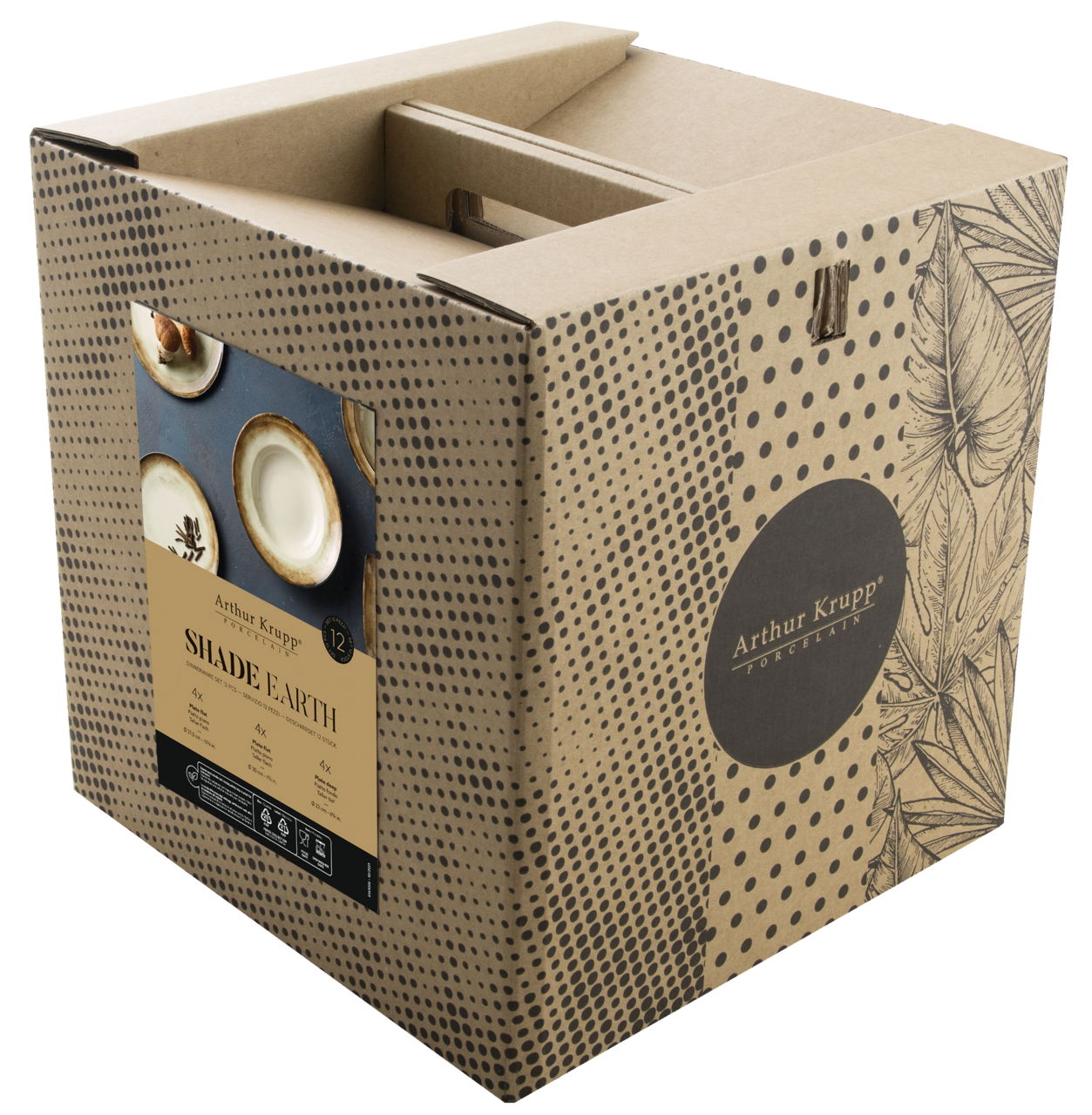 Verpackung des 12-teiligen Tellersets Shade Earth von Arthur Krupp, schräg von vorne fotografiert.