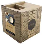 Verpackung des 12-teiligen Tellersets Shade Earth von Arthur Krupp, schräg von vorne fotografiert.