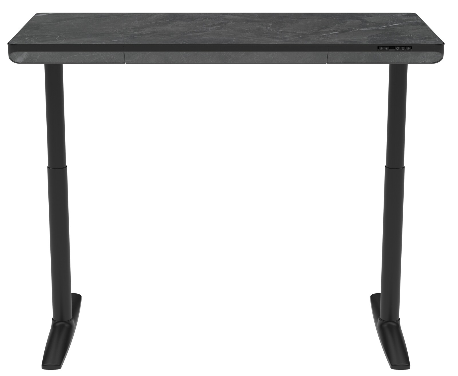 Moderner E-Schreibtisch mit schwarzer Tischplatte und höhenverstellbaren Beinen, Frontalansicht