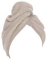 Beige Handtuchturban aus Frottee, seitliche Ansicht