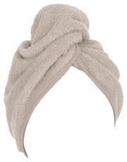 Beige Handtuchturban aus Frottee, seitliche Ansicht