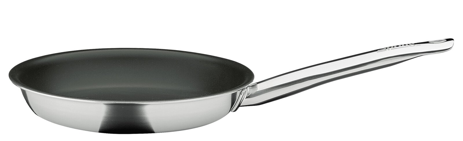 Spring Koekenpan 28 cm BRIGADE ULTIMATE Roestvrijstalen koekenpan met zwarte antiaanbaklaag en lange metalen handgreep, zijaanzicht op witte achtergrond