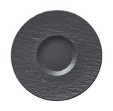 Draufsicht auf eine graue Kaffeeuntertasse mit strukturierter Oberfläche.