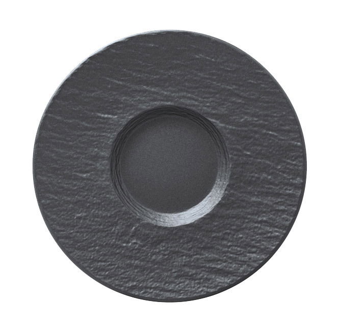 Draufsicht auf eine graue Kaffeeuntertasse mit strukturierter Oberfläche.