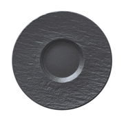 Draufsicht auf eine graue Kaffeeuntertasse mit strukturierter Oberfläche.