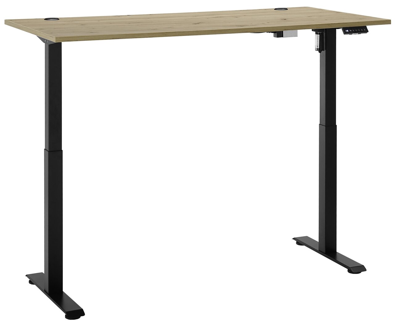 Höhenverstellbarer E-Schreibtisch mit schwarzem Gestell und Holzplatte, seitliche Perspektive