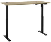 Höhenverstellbarer E-Schreibtisch mit schwarzem Gestell und Holzplatte, seitliche Perspektive