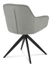 Rückansicht eines grauen Armlehnstuhls mit schwarzem Vierfußgestell