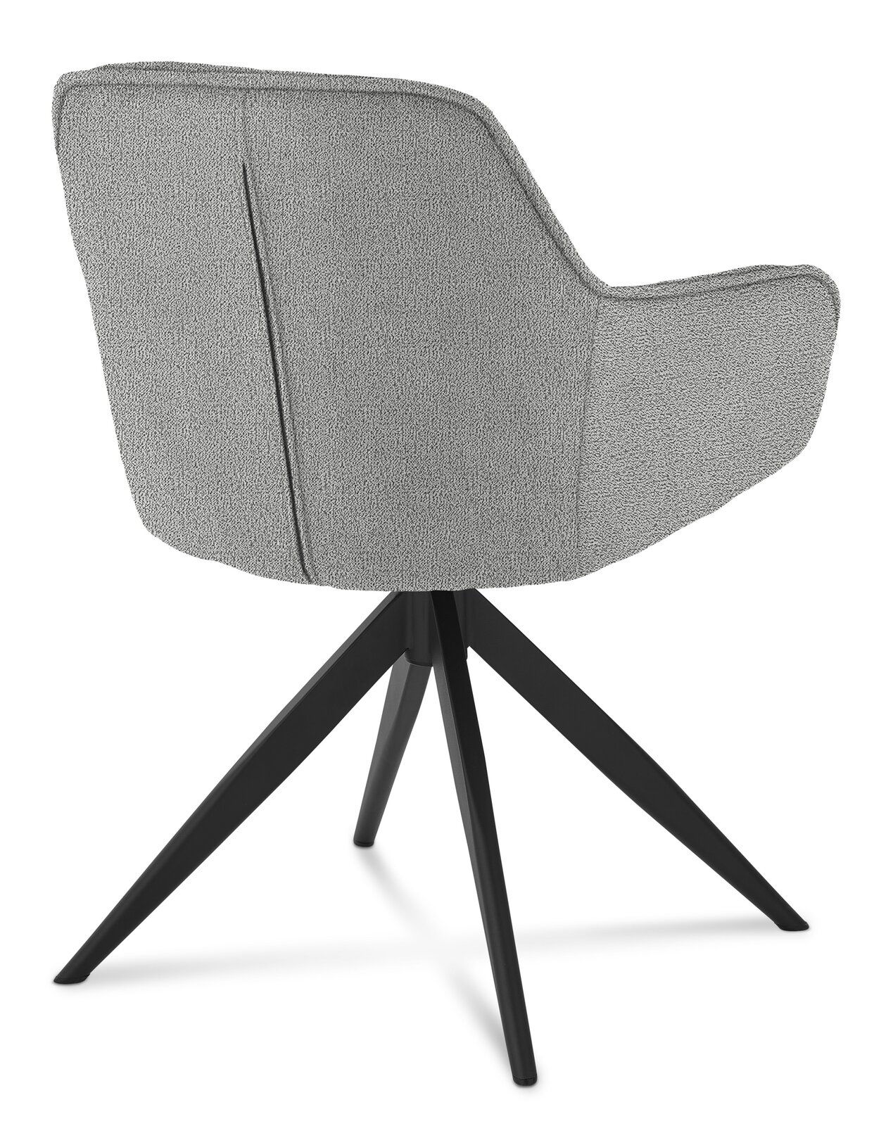 Rückansicht eines grauen Armlehnstuhls mit schwarzem Vierfußgestell