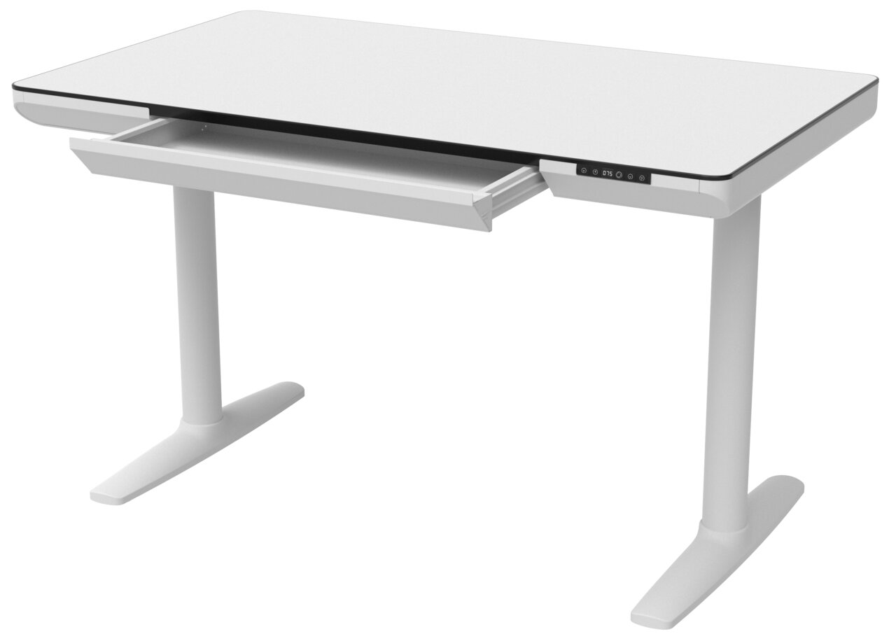 Modern elektrisch bureau in wit met lade, zijaanzicht