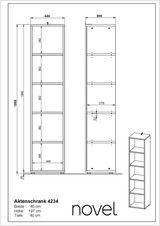 Zeichnung eines schmalen Aktenregals mit fünf offenen Fächern, Vorder- und Seitenansicht. Maße: Breite 45 cm, Höhe 197 cm, Tiefe 40 cm. Perspektive: Frontal- und Seitenansicht.