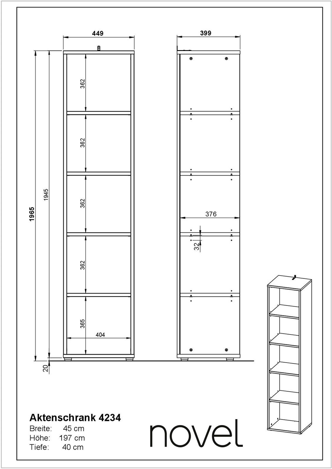 Zeichnung eines schmalen Aktenregals mit fünf offenen Fächern, Vorder- und Seitenansicht. Maße: Breite 45 cm, Höhe 197 cm, Tiefe 40 cm. Perspektive: Frontal- und Seitenansicht.