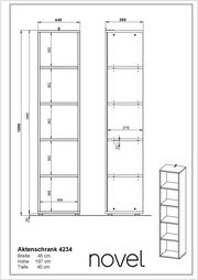 Zeichnung eines schmalen Aktenregals mit fünf offenen Fächern, Vorder- und Seitenansicht. Maße: Breite 45 cm, Höhe 197 cm, Tiefe 40 cm. Perspektive: Frontal- und Seitenansicht.