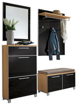Garderoben-Set 5-tlg. in moderner Holz- und Schwarzglasoptik, bestehend aus einem Spiegel, Schuhschrank, Sitzbank mit Stauraum und Wandpaneel mit Haken und Ablage. Frontalansicht.