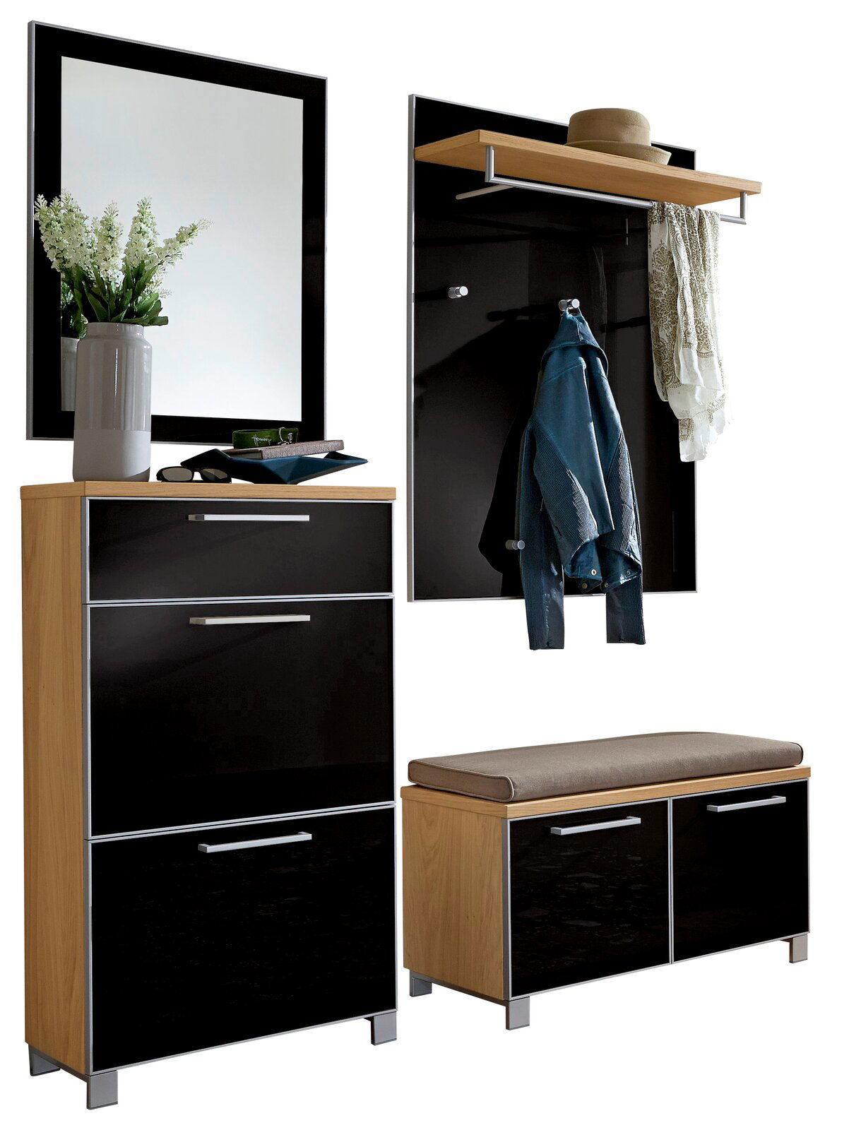 Garderoben-Set 5-tlg. in moderner Holz- und Schwarzglasoptik, bestehend aus einem Spiegel, Schuhschrank, Sitzbank mit Stauraum und Wandpaneel mit Haken und Ablage. Frontalansicht.