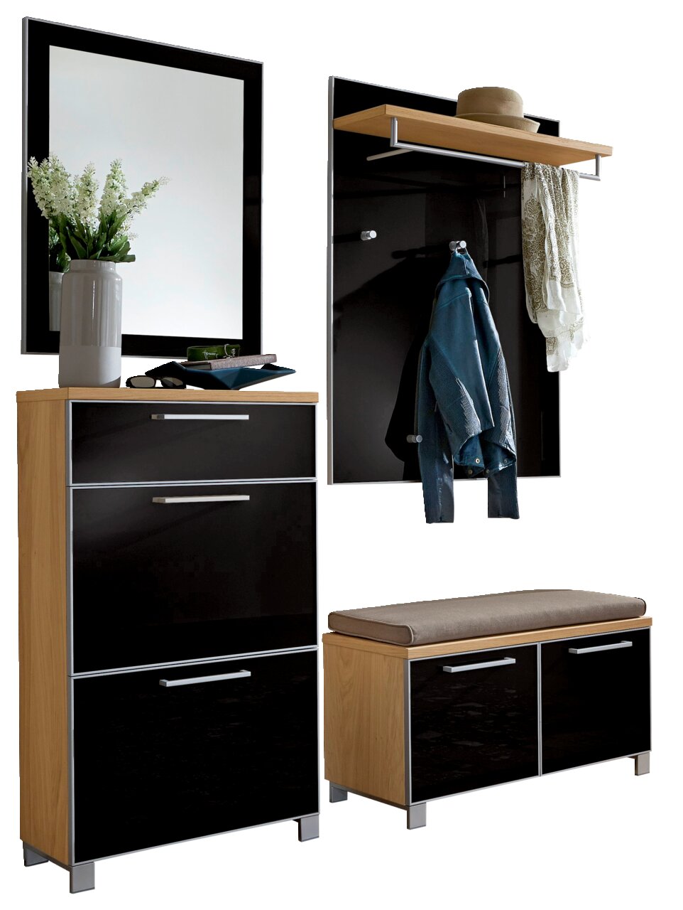 Garderoben-Set 5-tlg. in moderner Holz- und Schwarzglasoptik, bestehend aus einem Spiegel, Schuhschrank, Sitzbank mit Stauraum und Wandpaneel mit Haken und Ablage. Frontalansicht.