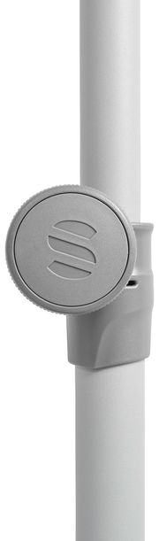 Nahaufnahme eines grauen Sonnenschirmstocks mit einem runden Verstellmechanismus.