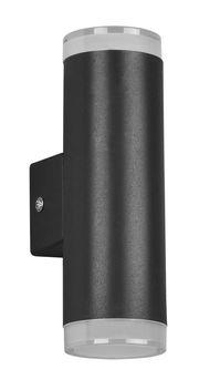 Schwarze zylindrische Wandleuchte Ray mit Lichtaustritt nach oben und unten, seitliche Perspektive