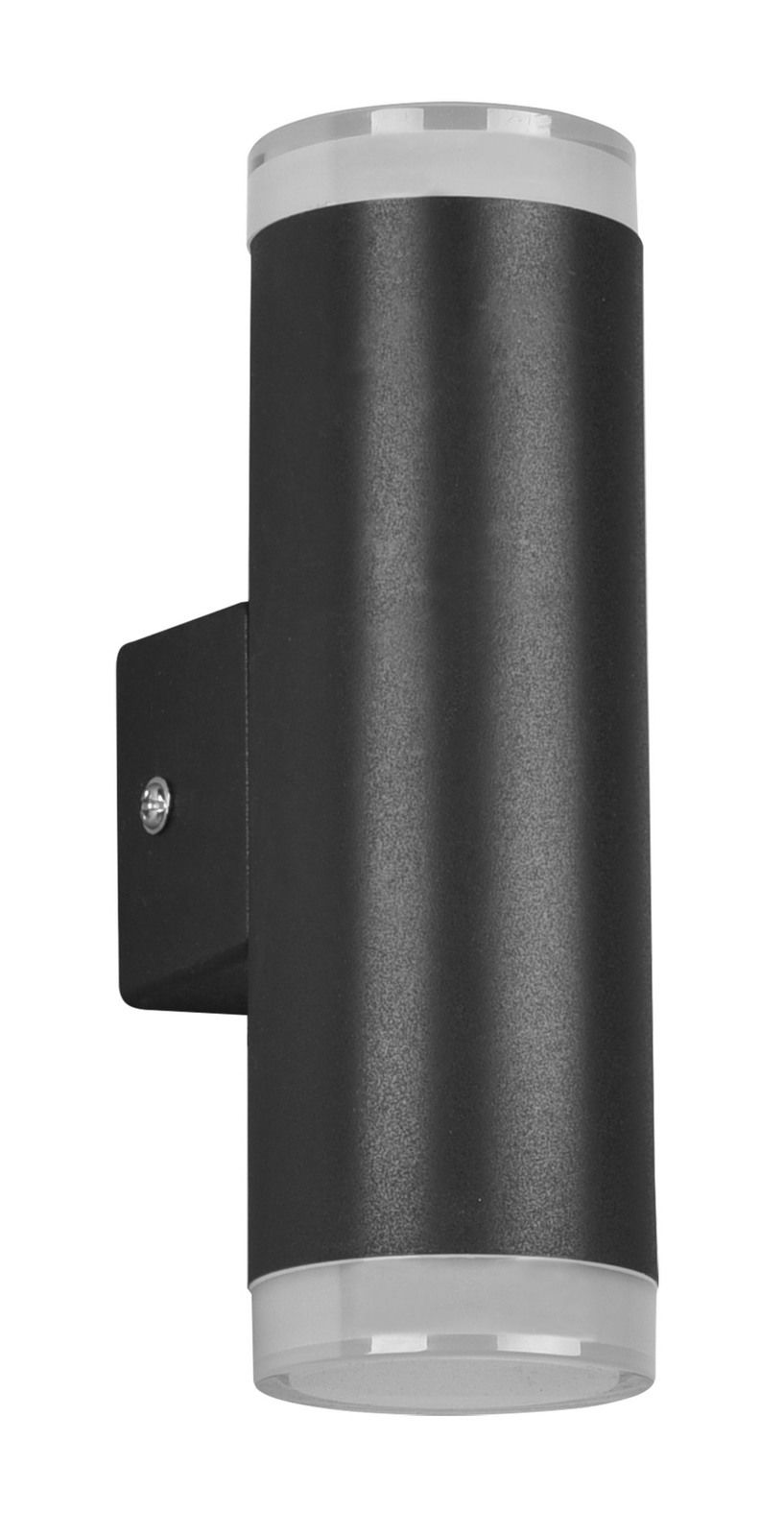 Schwarze zylindrische Wandleuchte Ray mit Lichtaustritt nach oben und unten, seitliche Perspektive