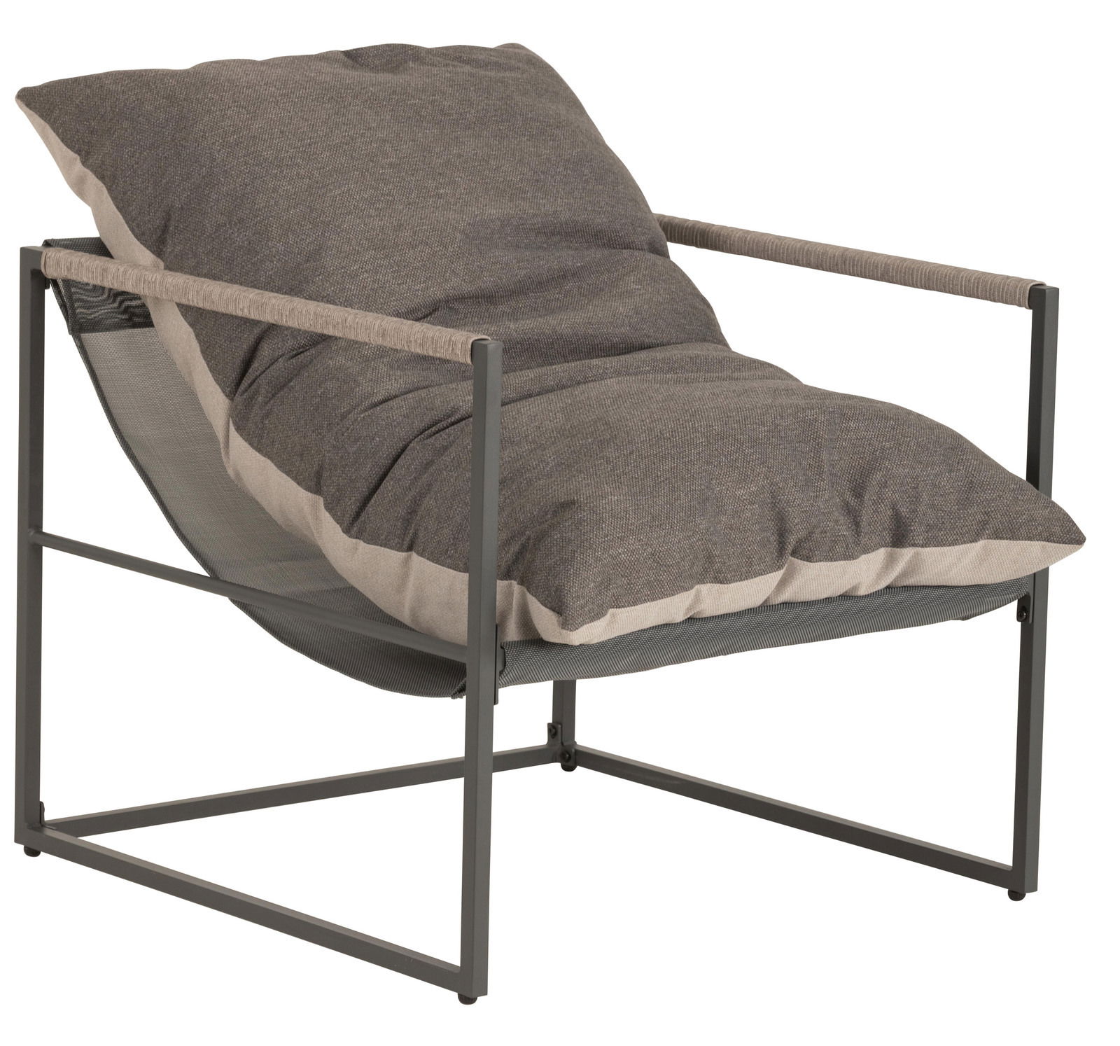 Moderner Lounge-Sessel mit grauem Kissen und Metallrahmen, seitliche Perspektive
