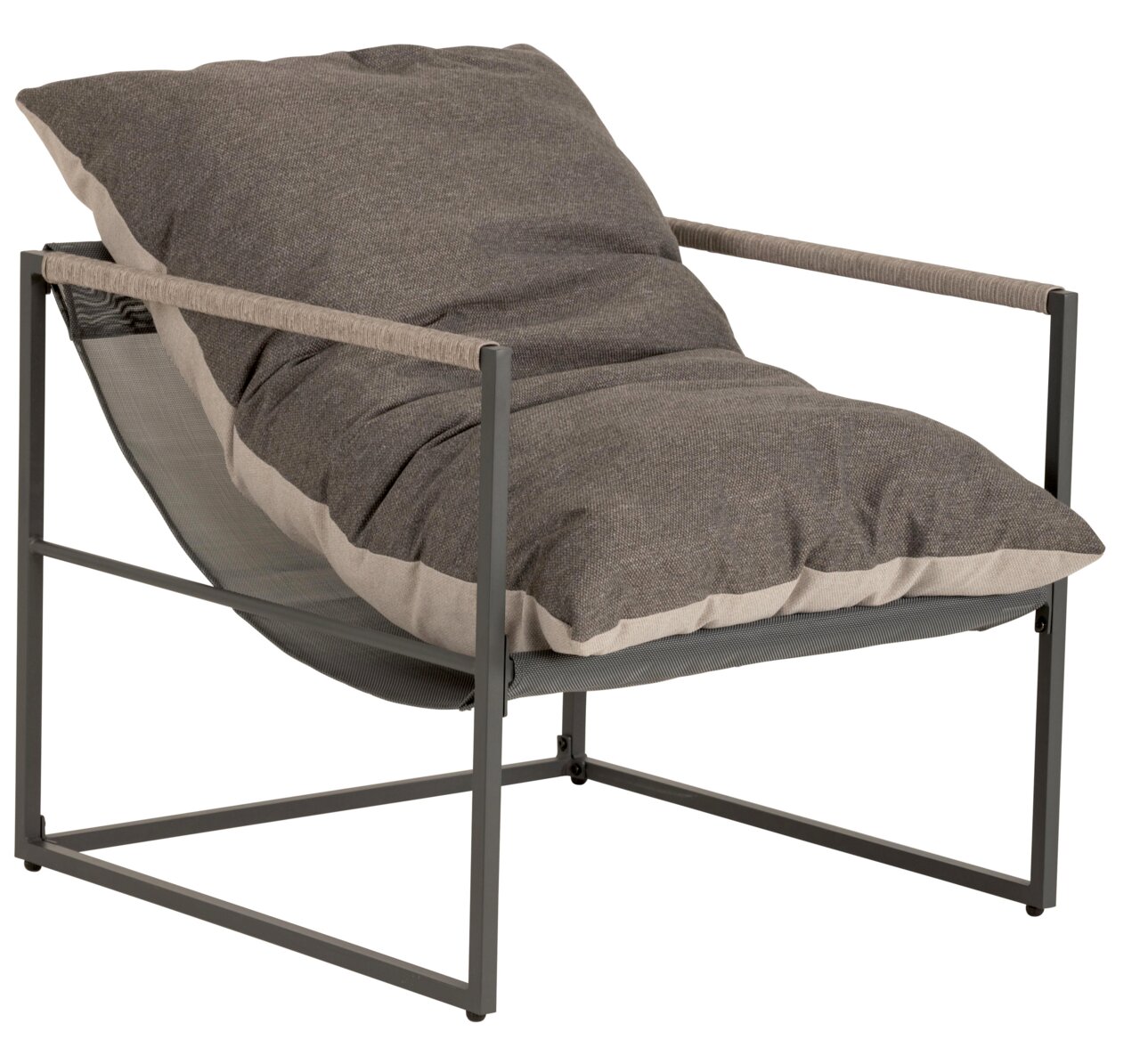 Moderner Lounge-Sessel mit grauem Kissen und Metallrahmen, seitliche Perspektive