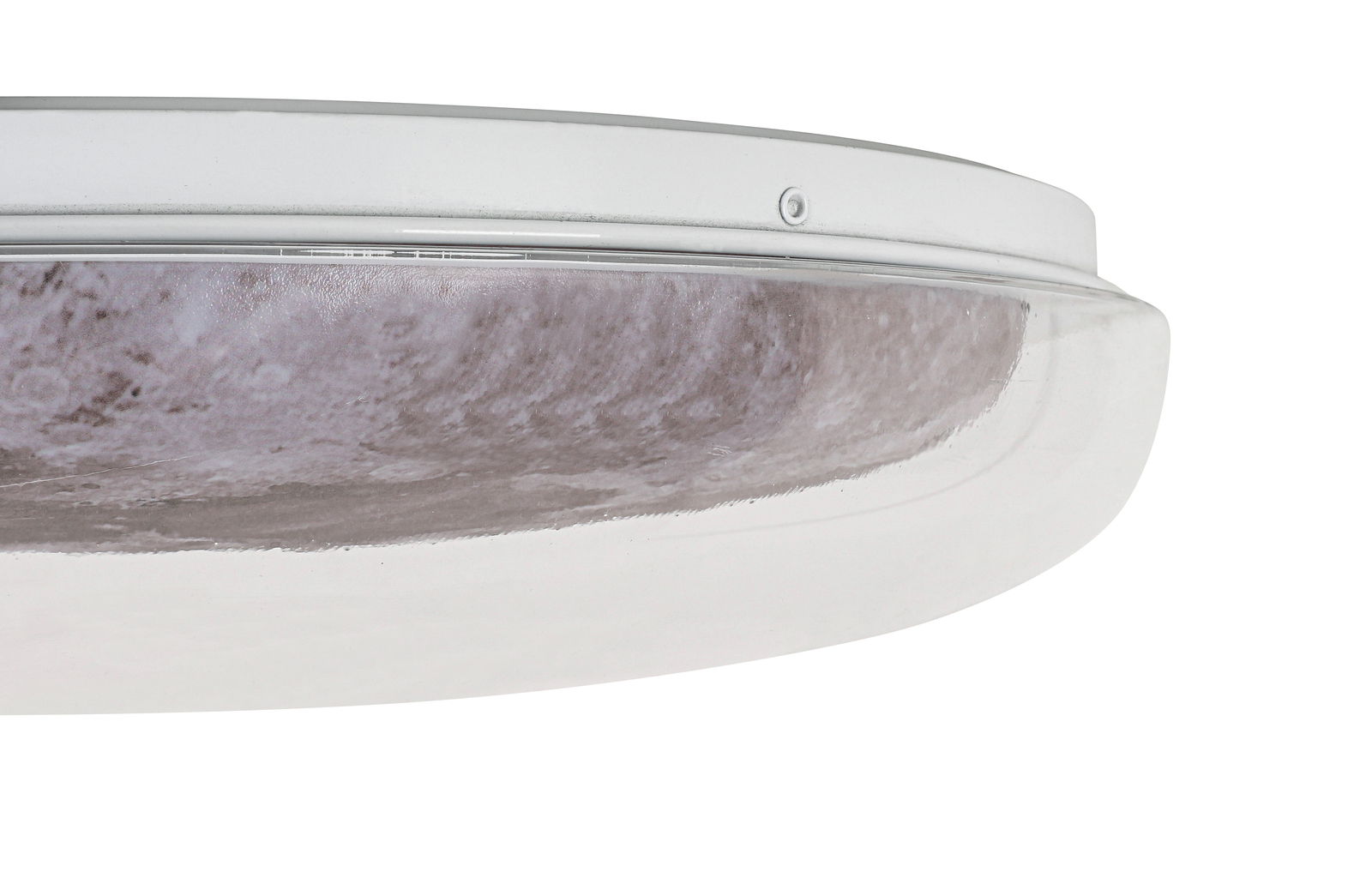 Nahaufnahme einer LED-Deckenleuchte von der Seite, mit einem weißen Rahmen und einer strukturierten Oberfläche.