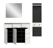 Modernes Flurmöbel-Set in Schwarz-Weiß mit Spiegel, Schuhschrank mit geöffneten Türen und Garderobenpaneel mit Ablage und Haken, dargestellt in Frontansicht